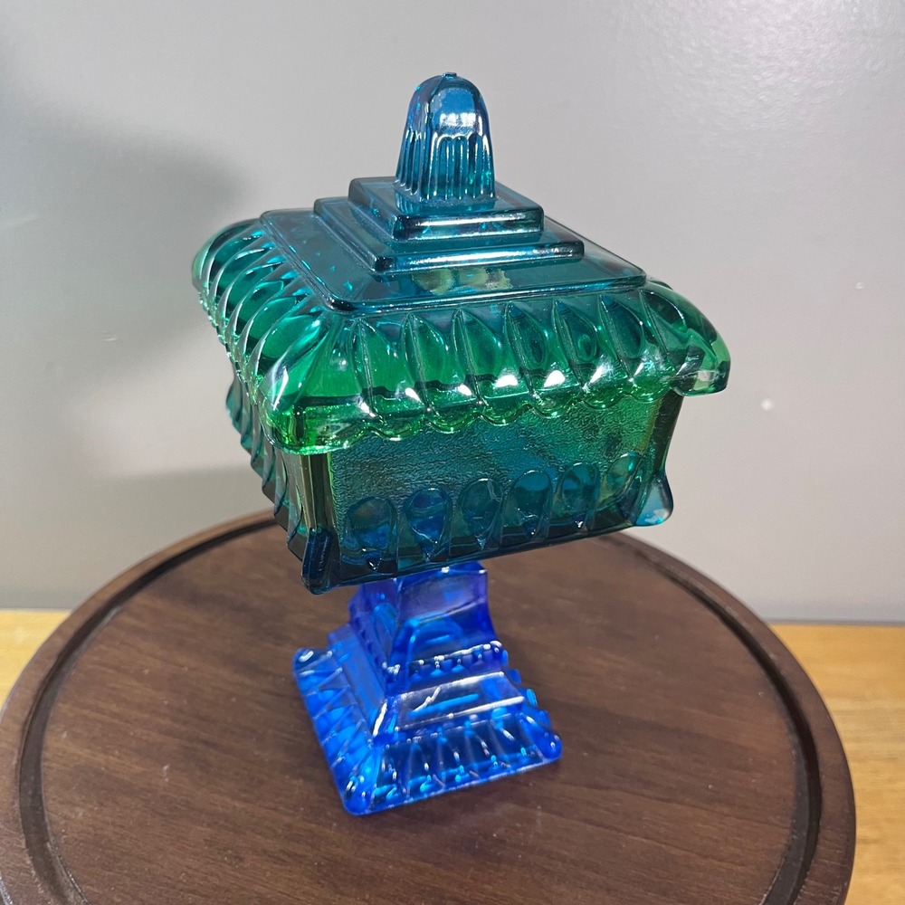 Vtg Jeanette Blue Green Flashed Wedding Cake Box Pedestal Ombré Glass 8.5"